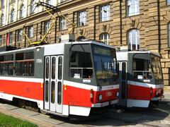 Trams of exclusion line x13 at Žerotínovo square in Brno, Czech Republic