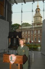 Independence National Historical Park Deputy Superintendent Darla Sidles delivers remarks at the Liberty Bell Center