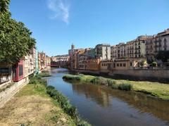 Onyar River facade in Girona viewed from Pedrera Bridge