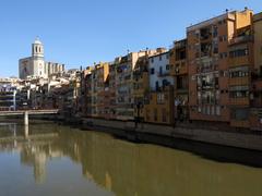 Riverside houses and Girona Cathedral view