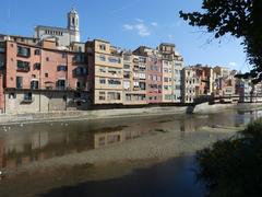 Casas colgadas sobre el río Oñar con la catedral de Girona al fondo