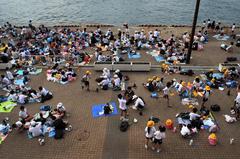 school children having picnic lunch near Osaka Aquarium