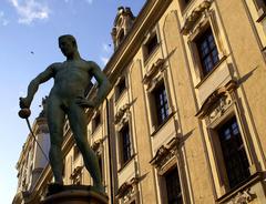 Main Building of the University of Wrocław with the Fencer statue in front, 1951 photo by Barbara Maliszewska