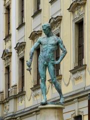 The Naked Fencer statue in front of the Wrocław University main building