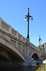 Pont d'Aragó bridge in Valencia with street lamps at night