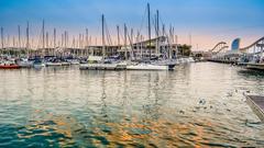 Rambla del Mar in Barcelona at sunset