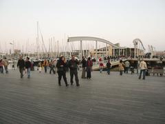 Aerial view of Port Vell in Barcelona with marina and cityscape