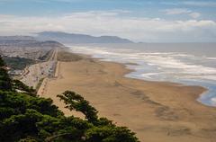 Photograph of Ocean Beach showing severe erosion at the southern end with a wide expanse of beach in the foreground and a narrow beach in the distance