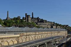 Panoramic view of Calton Hill in Edinburgh with historical monuments