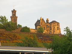 Calton Hill in Edinburgh, Scotland, with iconic monuments and lush greenery