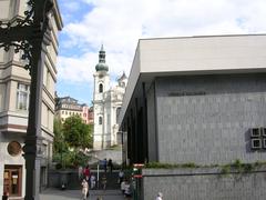 Karlovy Vary church and colonnade near Freedom Square