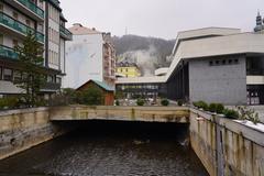 panoramic view of Karlovy Vary with colorful buildings and snow-covered landscape