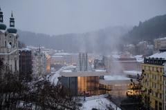 Main colonnade in Karlovy Vary with hot spring geyser