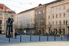 University Cinema Scala in Brno, 8th Czech Wikiconference, December 3, 2016. View of the DOPZ Palace at Moravian Square, statue of Courage on the left