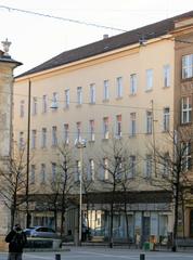 Univerzitní kino Scala in Brno during the 8th Czech Wikiconference on December 3, 2016, with a view of the DOPZ Palace at Moravian Square and the Courage statue on the left