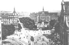 Historic tram with German House in Brno