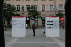 Information panels about the local referendum on the location of the main railway station in Moravské náměstí, Brno