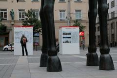 Information panels at Moravské náměstí about the local referendum on the main train station location before its 2016 event in October