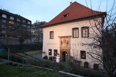 Podskalská celnice building viewed from a hill in Prague