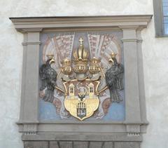 Emblem on Podskali Customs House in Vyton, Prague