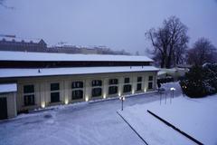 Czech Bridge with historic street lamps in winter