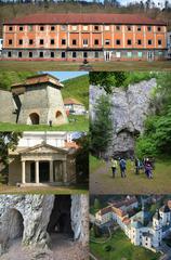 A collage displaying Adamovský Chateau, Stará Huť, Býčí Skála, Lichtenštejnská Tomb in Vranov, Kostelík Cave, and the Church of the Name of the Virgin Mary in Křtiny