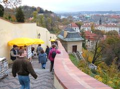 view of Prague Castle exit with people walking