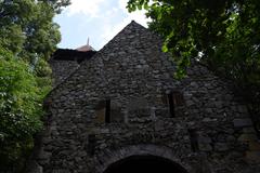 Medieval stone castle tower ruins covered in vegetation