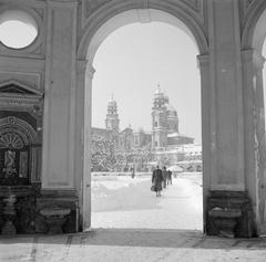 Snowy Hofgarten with Theatinerkirche in the background, Munich, December 1958