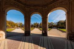 Entrance view of the Dianatempel in Hofgarten, Munich, with the Bayerische Staatskanzlei in the background