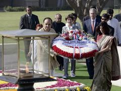 President George W. Bush and Laura Bush at Mahatma Gandhi memorial wreath-laying ceremony