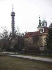 Petřín Lookout Tower against a clear blue sky