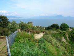 Scenic view of Parco Virgiliano in Naples with lush greenery, pathways, and ocean in the background