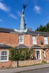 The Headington Shark sculpture on a house roof in Oxfordshire, UK