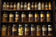 display of antique pharmacy bottles and equipment at the New Orleans Pharmacy Museum