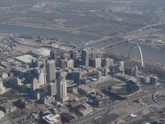 Aerial view of downtown St. Louis with Busch Stadium and Gateway Arch