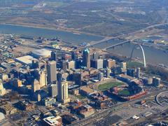 Aerial view of downtown St. Louis including Busch Stadium and Gateway Arch