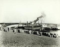 Barrels of Calhoun County apples being unloaded on the St. Louis levee