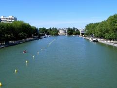 Bassin de La Villette in Paris from central bridge towards La Rotonde