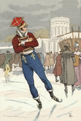 Soldier skating on a reservoir in La Villette wearing a lancer uniform from 1813