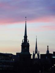 sunset view of All Hallows by the Tower, St Dunstan in the East, and the Monument from Tower Hill