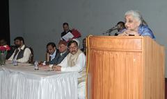 Union Minister of Culture Chandresh Kumari Katoch addressing after unveiling a plaque at Veerangana Jhalkari Bai Archaeological Museum at Jhansi Fort