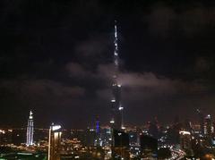 Burj Khalifa in the night amidst fog in Dubai