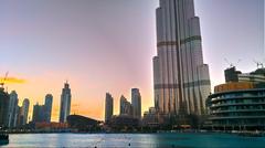 The Dubai Fountain and Burj Khalifa at sunset