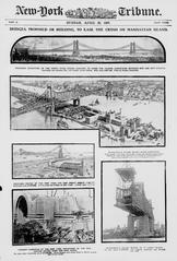 New-York Tribune cover illustration, April 28, 1907, depicting proposed and under-construction bridges to Manhattan