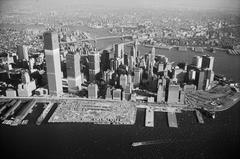 Aerial view of lower Manhattan featuring the World Trade Center and other construction sites