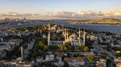 Aerial view of Fatih neighborhood in Istanbul with Blue Mosque and Hagia Sophia