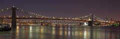 Brooklyn, Manhattan and Williamsburg Bridges at dusk from South Street Seaport