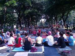 people meditating in an open space at Taman Suropati