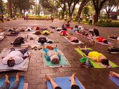 participants in Savasana pose in Taman Suropati, Jakarta